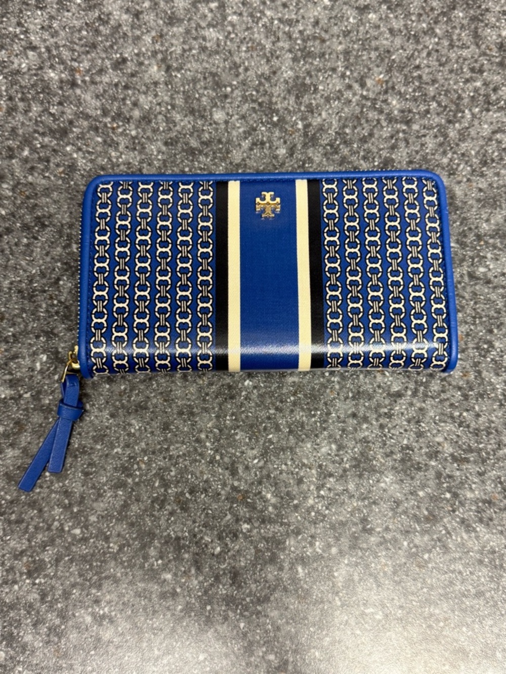 Tory Burch Jewel Royal Blue Gemini Link Stripe Coated Canvas/Leather Zip Wallet